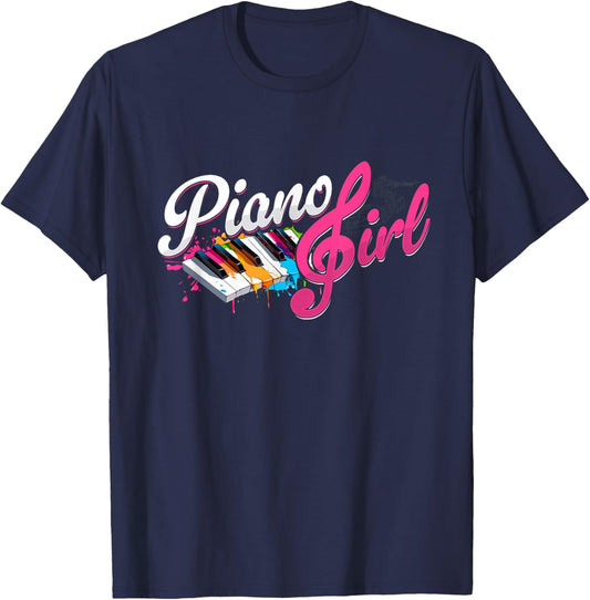 Piano Girl Treble Clef & Colorful Piano Keys T-Shirt - T-Shirt | Navy