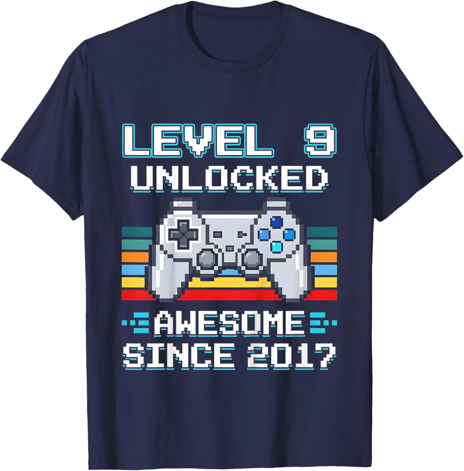 Kids 9th Birthday Gamer Level 9 Unlocked Awesome Since 2017 T-Shirt - T-Shirt | Navy