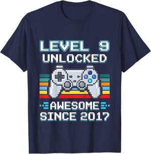 Kids 9th Birthday Gamer Level 9 Unlocked Awesome Since 2017 T-Shirt - T-Shirt | Navy