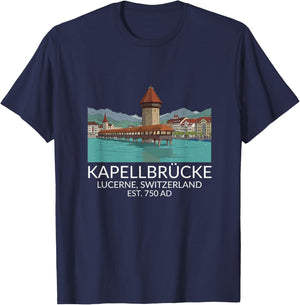 Lucerne Switzerland Skyline Souvenir Bridge Chapel Men Women T-Shirt - T-Shirt | Navy
