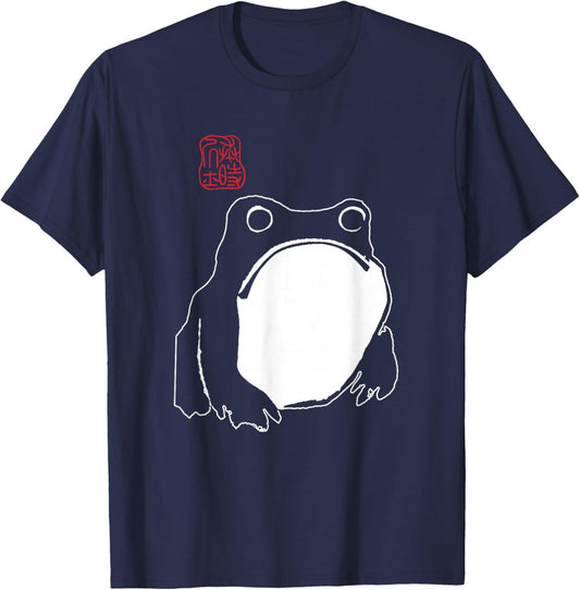 Cute Grumpy Frog Japanese Ink - Traditional Art Humor T-Shirt - T-Shirt | Navy