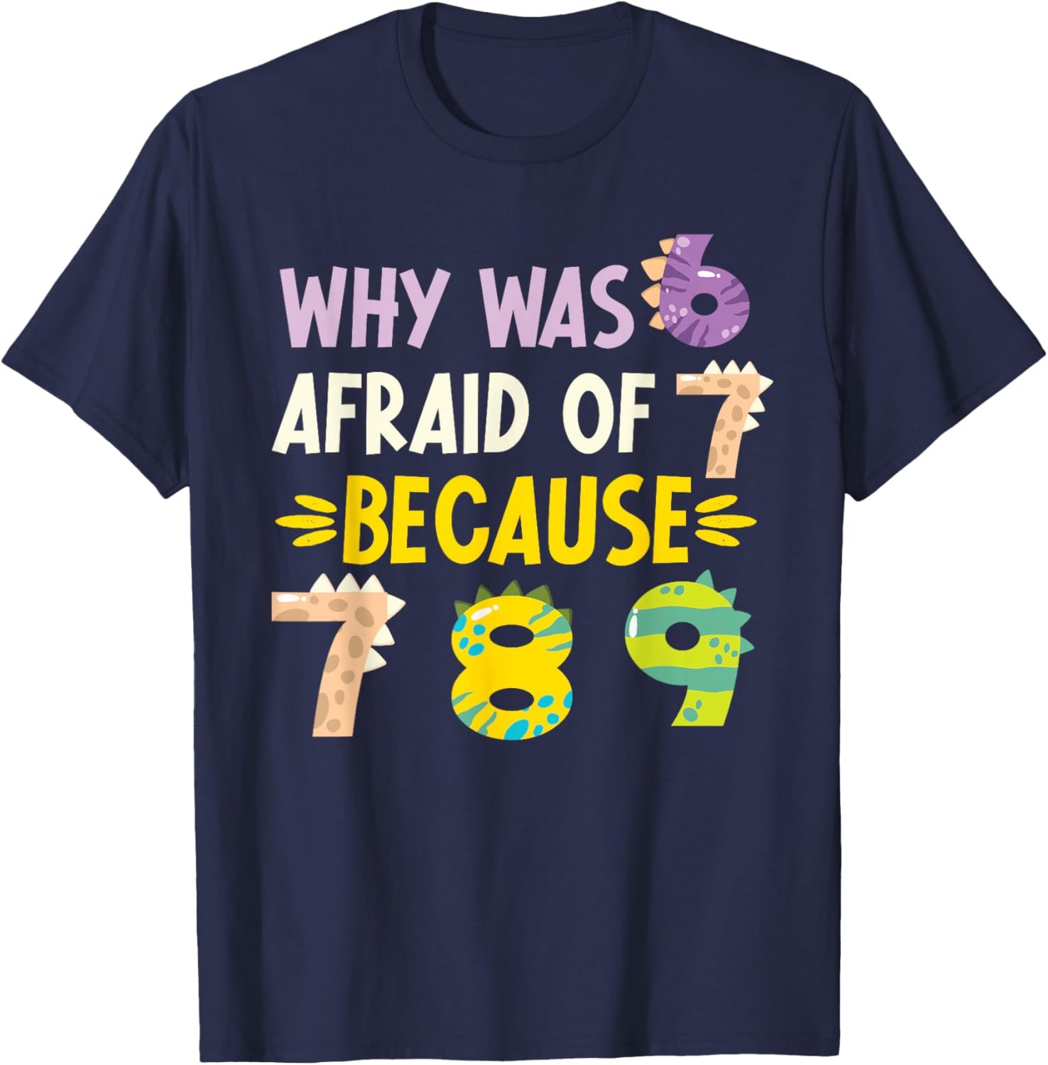 Why was 6 Afraid of 7 Funny Number Day Dinosaur Math Day T-Shirt - T-Shirt | Navy