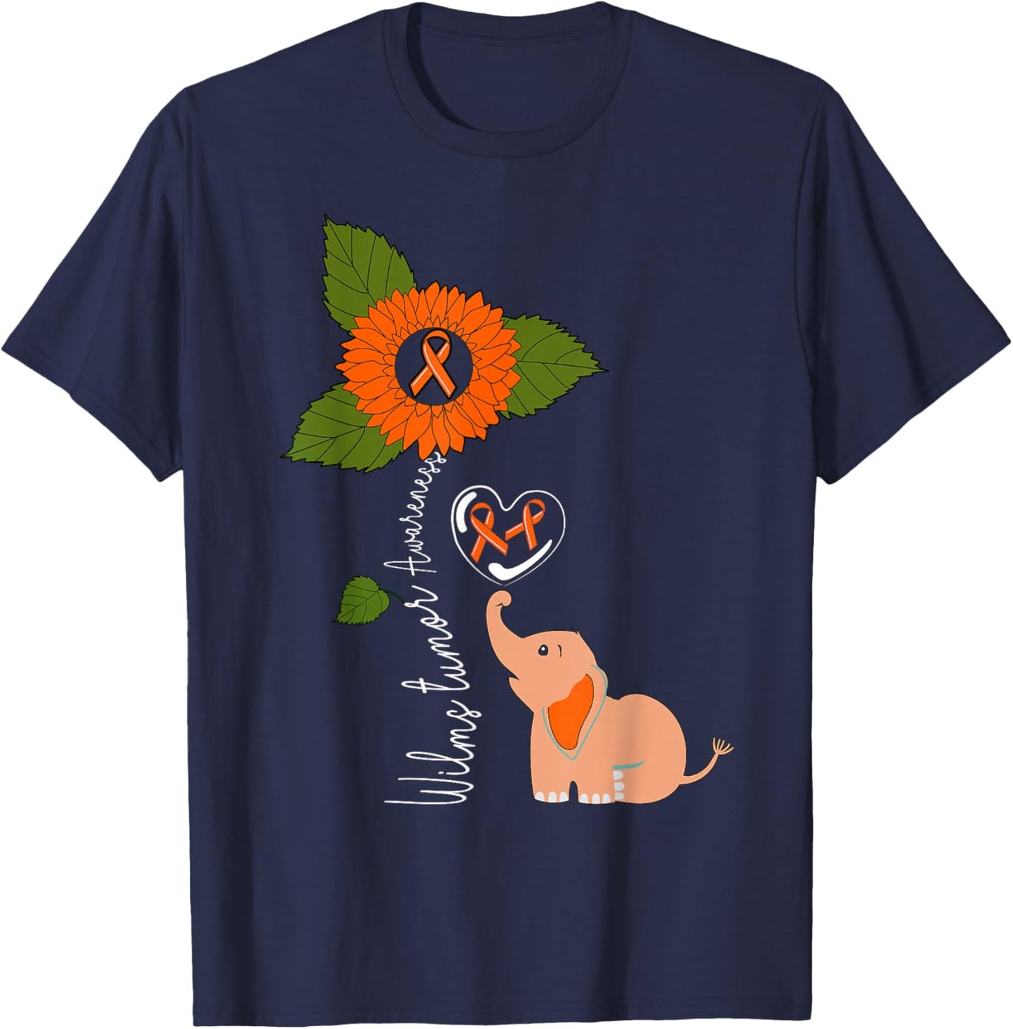 Wilms Tumor Awareness Elephant Sunflower Orange Ribbon T-Shirt - T-Shirt | Navy