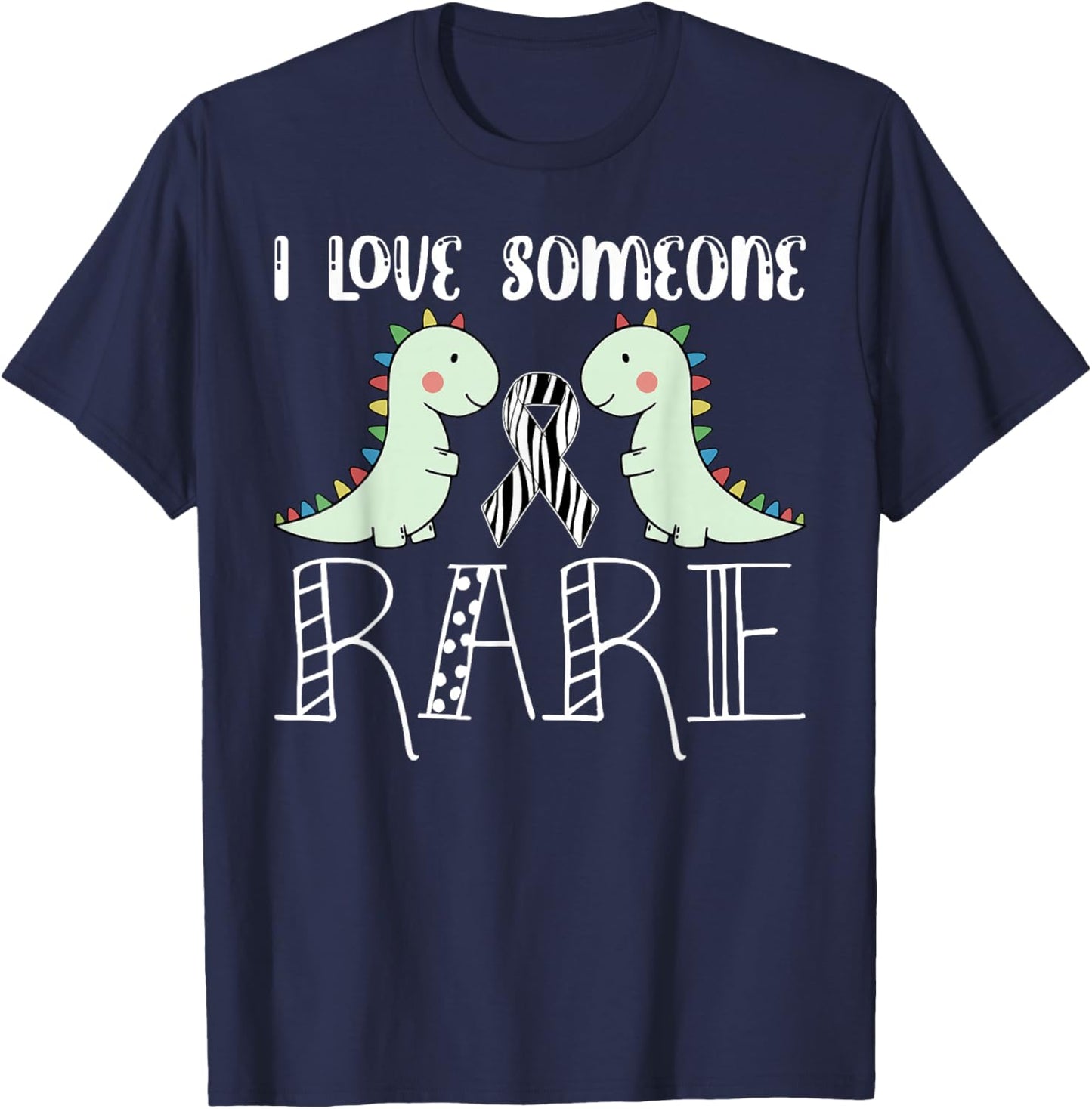 I Love Someone Rare Disease Awareness T Rex Zebra Ribbon T-Shirt - T-Shirt | Navy