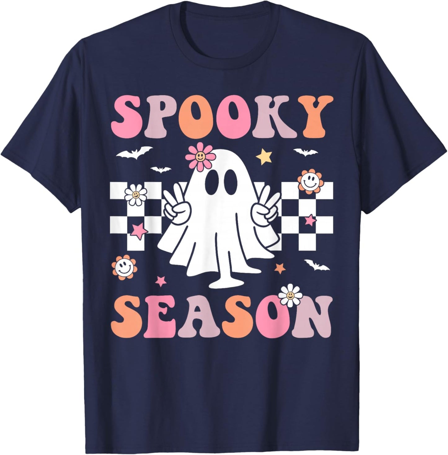 Spooky Season Happy Halloween Retro Ghost Spooky Women Girls T-Shirt - T-Shirt | Navy
