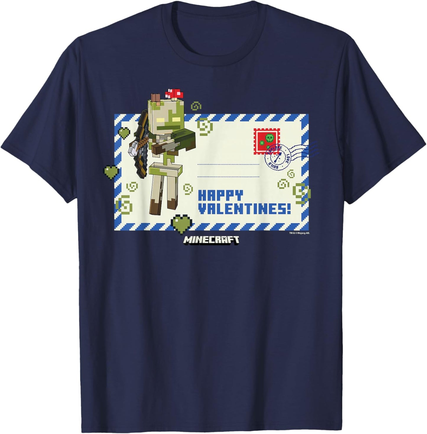 Minecraft Valentine's Day Happy Valentines! Letter Skeleton T-Shirt - T-Shirt | Navy
