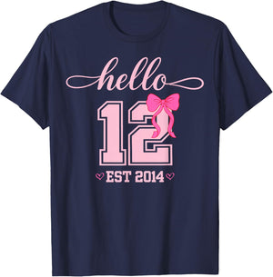 Hello Twelfth Est 2014 Coquette Bow 12th Birthday Girl T-Shirt - T-Shirt | Navy