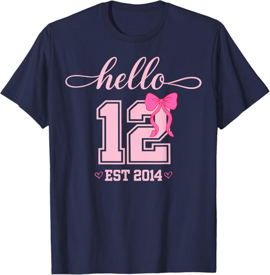 Hello Twelfth Est 2014 Coquette Bow 12th Birthday Girl T-Shirt - T-Shirt | Navy