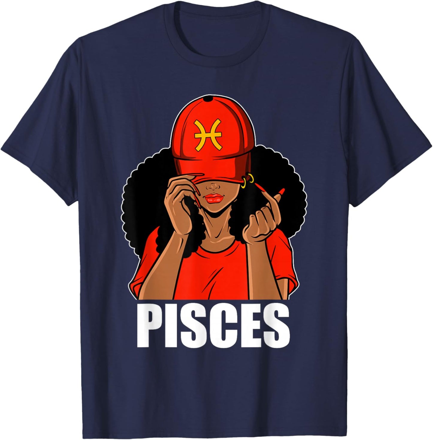 Pisces Black Girl Red Cap Afro Woman Black Queen T-Shirt - T-Shirt | Navy