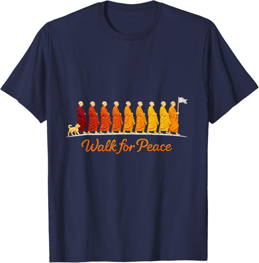 Walking Monks Zen Art Walk for Aloka Peace T-Shirt - T-Shirt | Navy