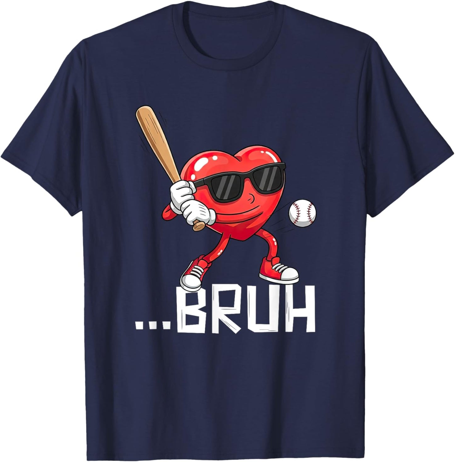 Valentines Bruh Red Heart Playing Baseball Men Boys Kids T-Shirt - T-Shirt | Navy