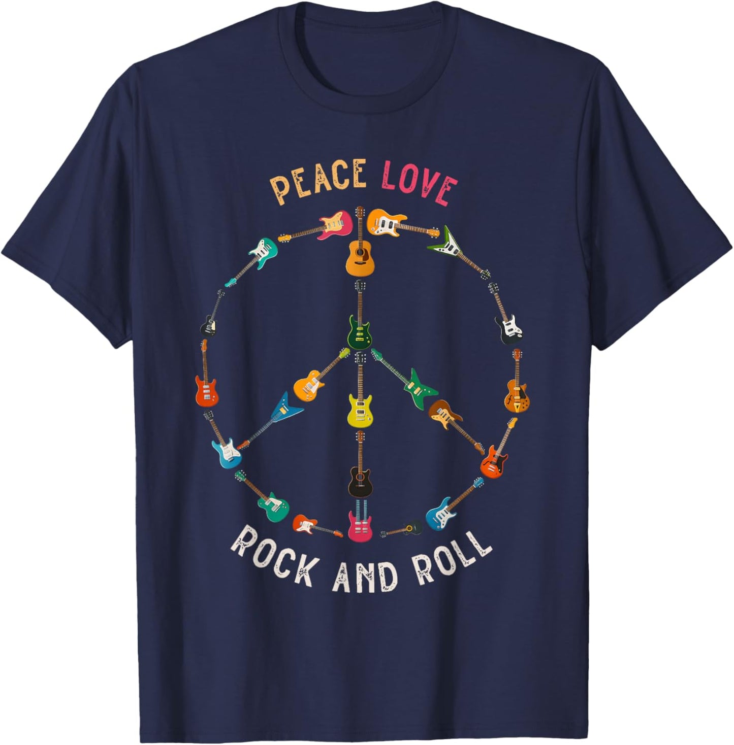 Peace Love Rock and Roll Guitars Music Rock Hippie Vintage T-Shirt - T-Shirt | Navy