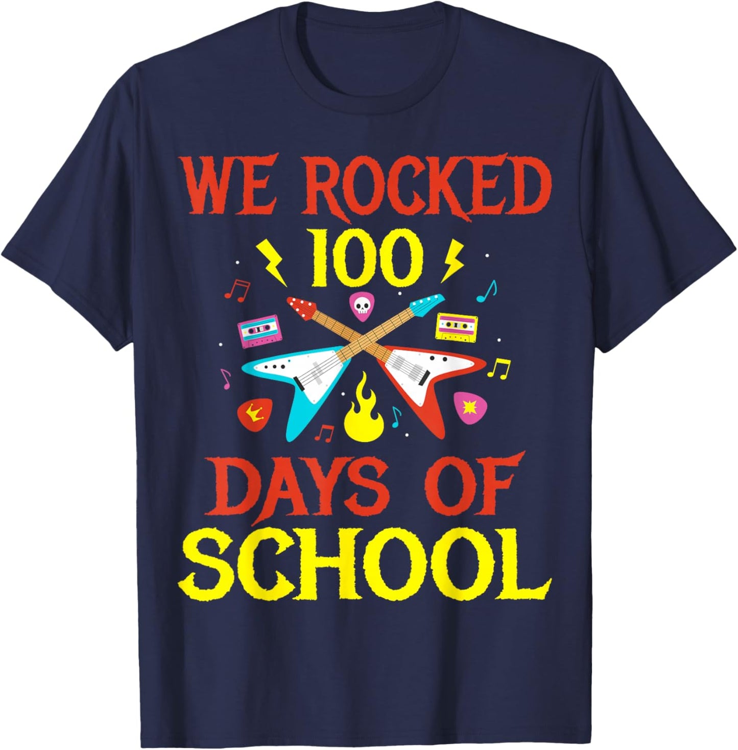 We Rocked 100 Days of School Guitar Music T-Shirt - T-Shirt | Navy