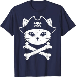 Pirate Cat Face Crossbones Cute Kitten Women Girls Kids Men T-Shirt - T-Shirt | Navy