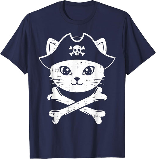 Pirate Cat Face Crossbones Cute Kitten Women Girls Kids Men T-Shirt - T-Shirt | Navy