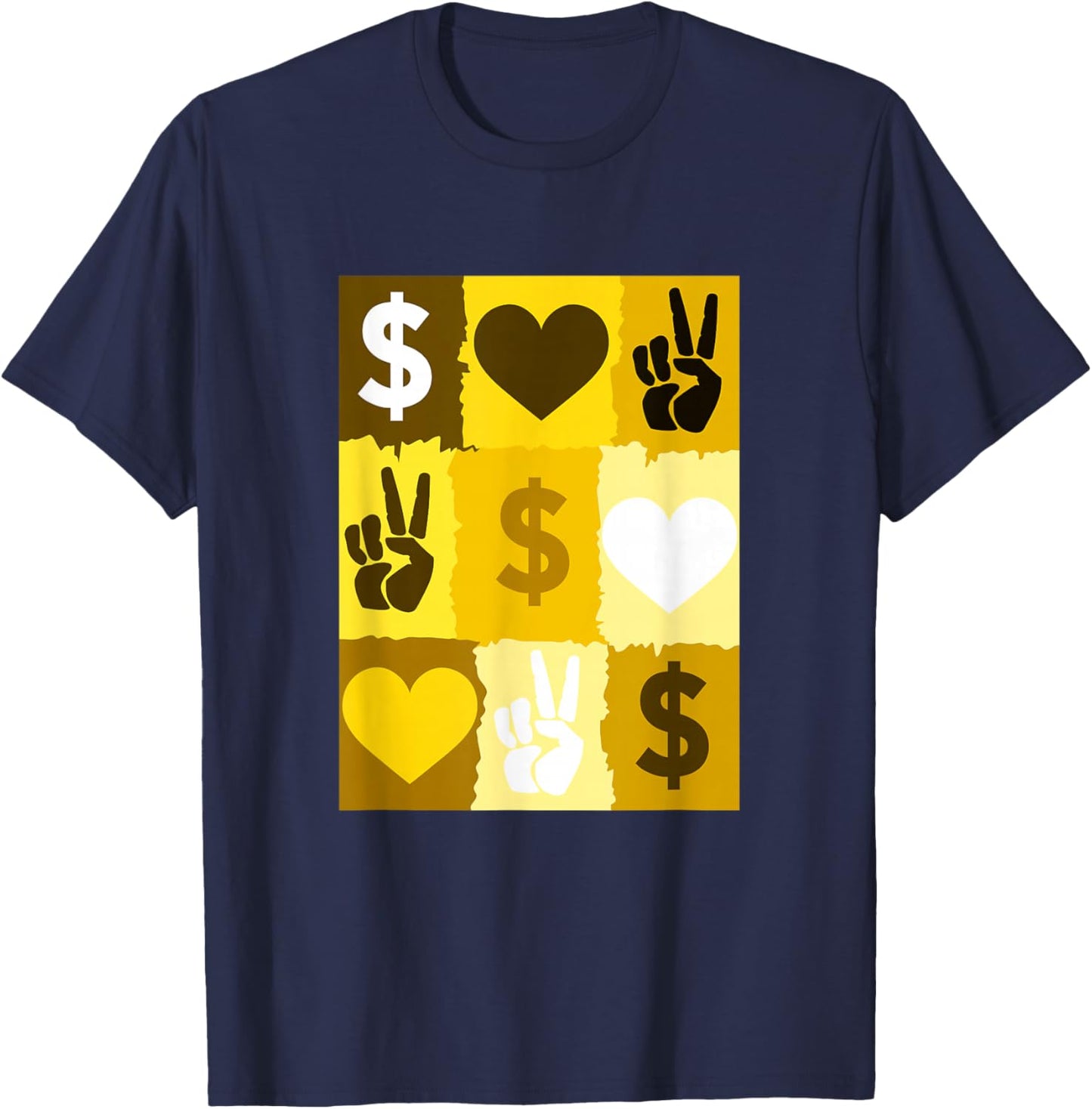 University Varsity-Gold Color Peace Love Money Grid Yellow T-Shirt - T-Shirt | Navy