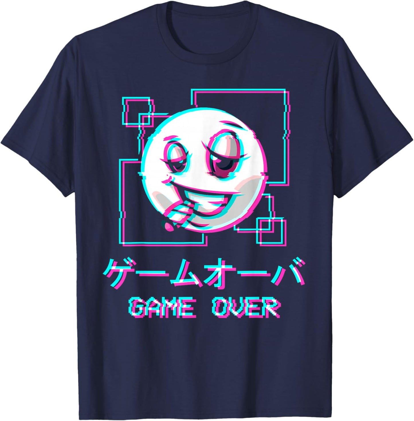 Vaporwave Aesthetic Happy Face Japanese Game Over Harajuku T-Shirt - T-Shirt | Navy