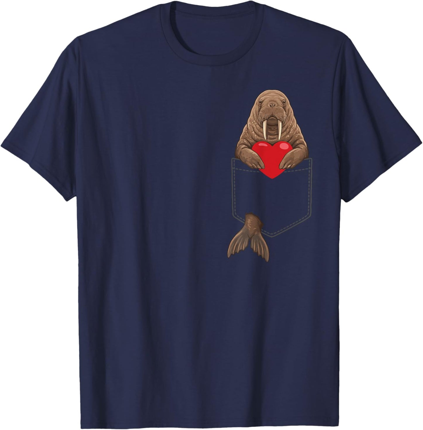 Walrus in Pocket Arctic Animal Lover Valentines T-Shirt - T-Shirt | Navy