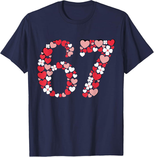 Valentine 67 Meme Six Seven Hearts Flower Boy Girl Kid T-Shirt - T-Shirt | Navy