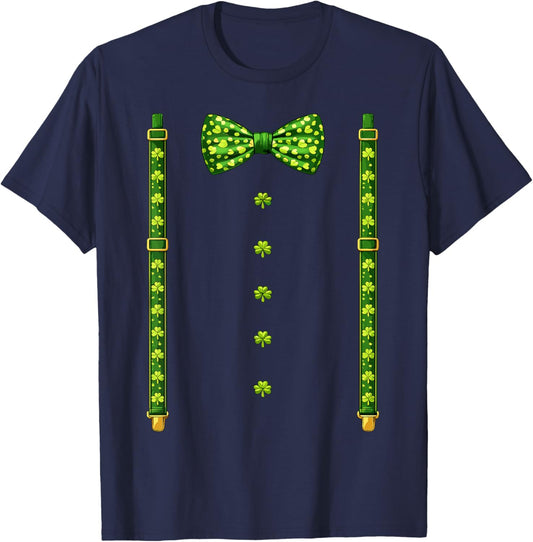 Bow Tie Suspenders Green Shamrocks St Patricks Day Costume T-Shirt - T-Shirt | Navy