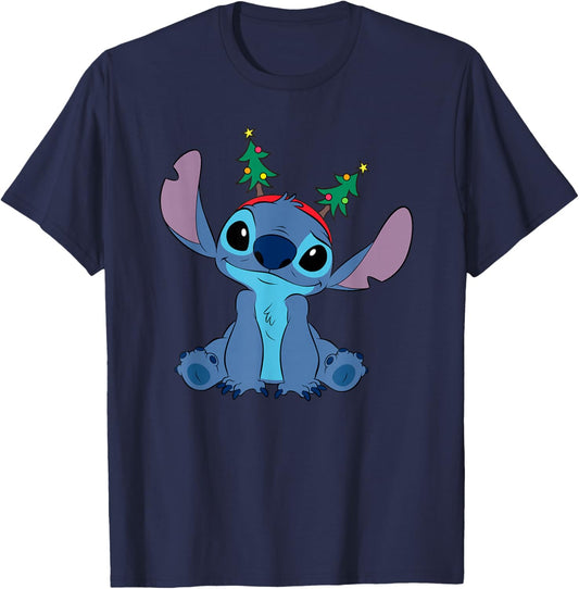 Disney Lilo & Stitch Christmas Seasonal Sitting Cute Pose T-Shirt - T-Shirt | Navy