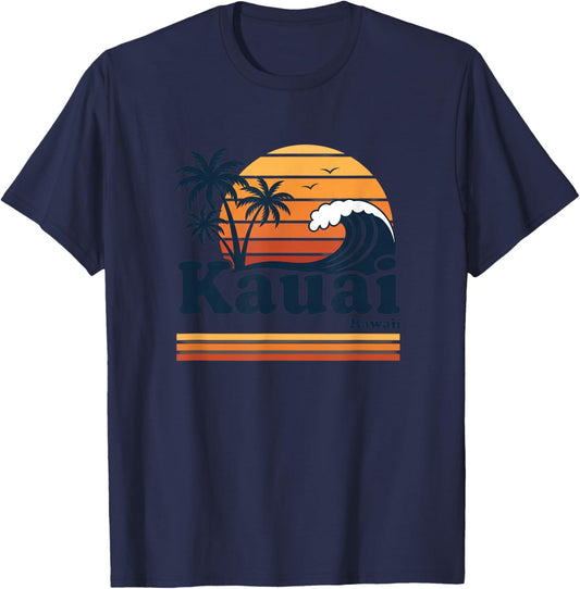 Kauai Hawaii Retro Sunset Wave Palm Trees Kids Beach Graphic T-Shirt - T-Shirt | Navy