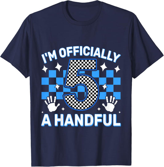 Kids Blue Checkered Im Officially A Handful Five 5th Birthday Boy T-Shirt - T-Shirt | Navy