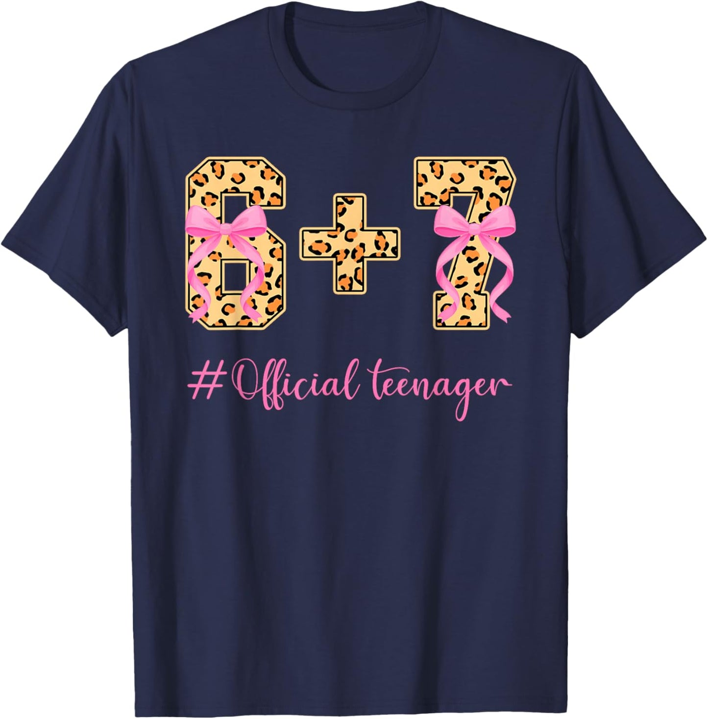 13th Birthday Girl Pink Coquette Bow Leopard 6+7 Year Old T-Shirt - T-Shirt | Navy