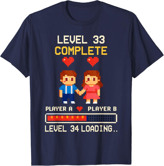 33rd Wedding Anniversary Gamer Vintage Level 33 Complete T-Shirt - T-Shirt | Navy