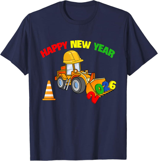 Kids Toddlers Boys Excavator Happy New Year 2026 NYE Party T-Shirt - T-Shirt | Navy