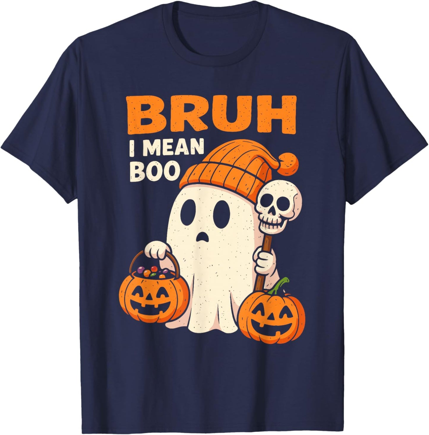 Halloween Bruh Ghost Boo Skull Pumpkin Women Kids Boys Girls T-Shirt - T-Shirt | Navy