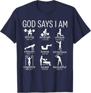 God Says I Am Christian Workout Gym Women Men T-Shirt - T-Shirt | Navy