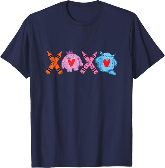 Love Crayons Heart Valentine's Day Celebration T-Shirt - T-Shirt | Navy
