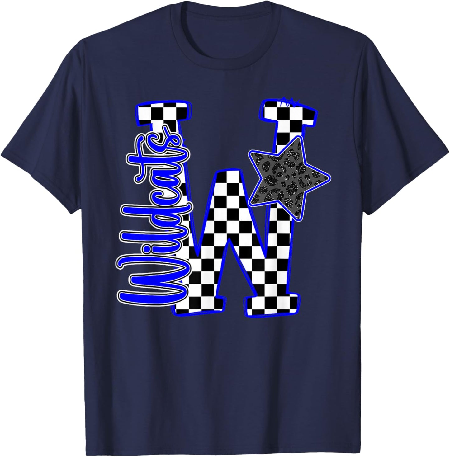Blue Wildcats Checkered Print Star Leopard School Spirit T-Shirt - T-Shirt | Navy