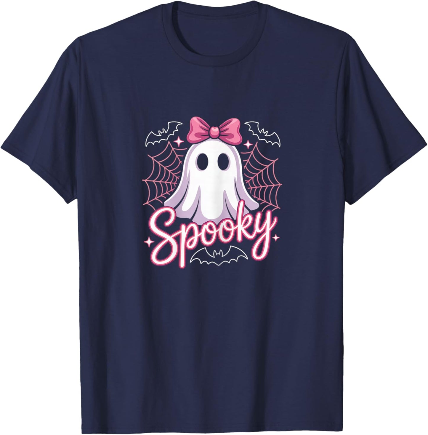 Spooky Ghost with Pink Bow T-Shirt - T-Shirt | Navy