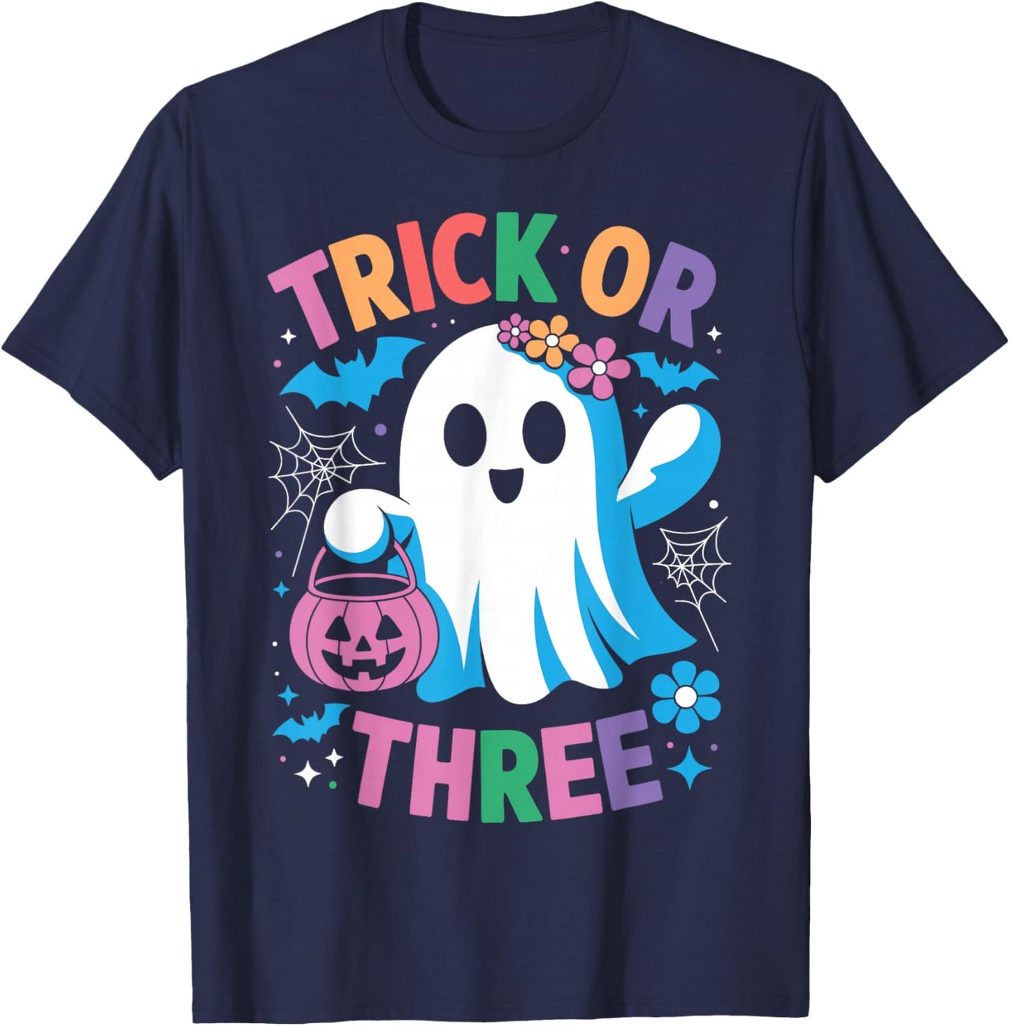 Trick or Three Cute Ghost Groovy 3rd Birthday Girls Kids T-Shirt - T-Shirt | Navy