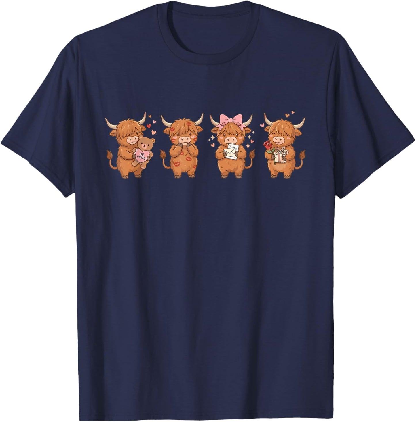 Cute Highland Cow Valentine's Day Kisses Be Mine Teddy Bear T-Shirt - T-Shirt | Navy