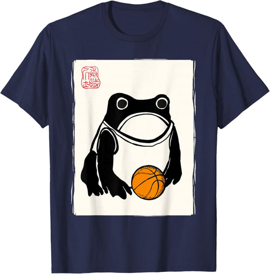 Japanese Grumpy Frog Basketball Player Funny Basketball T-Shirt - T-Shirt | Navy