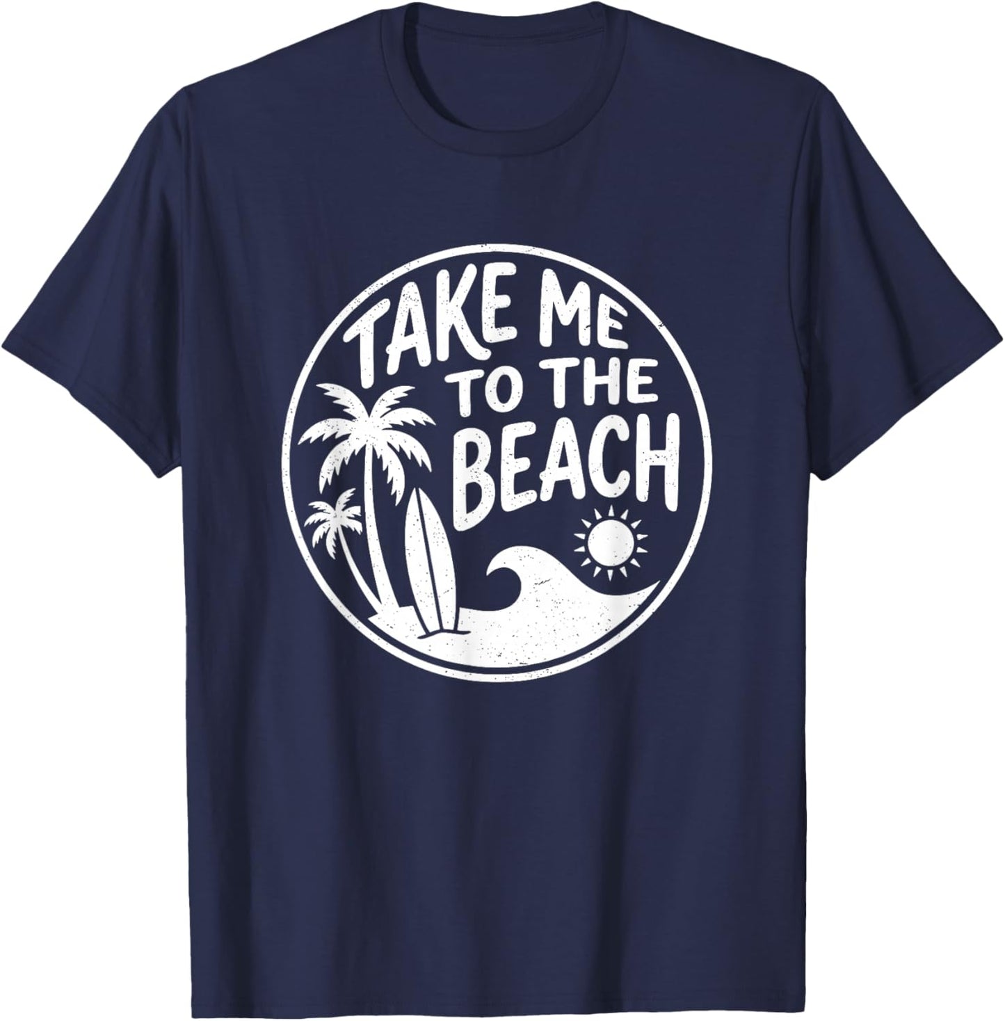 Take Me to The Beach Retro Circle Palm Tree Surfboard Art T-Shirt - T-Shirt | Navy