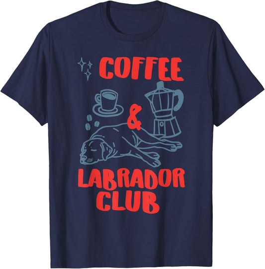 Coffee and Labrador Club Cute Dog Lover Illustration T-Shirt - T-Shirt | Navy