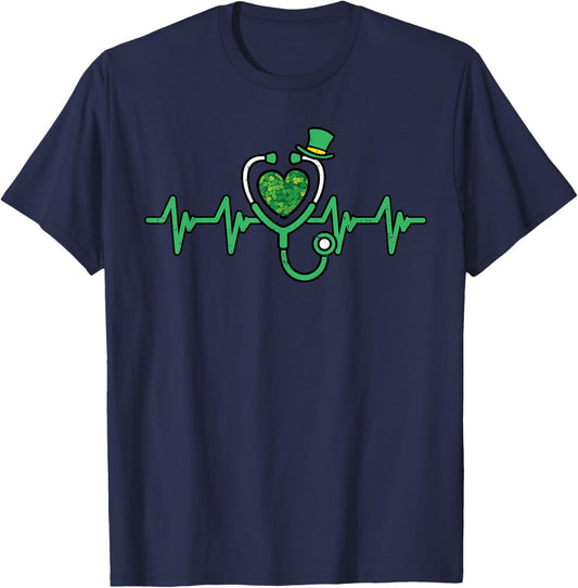 St Patricks Day Nurse Heartbeat Saint Pattys Scrub Top Women T-Shirt - T-Shirt | Navy