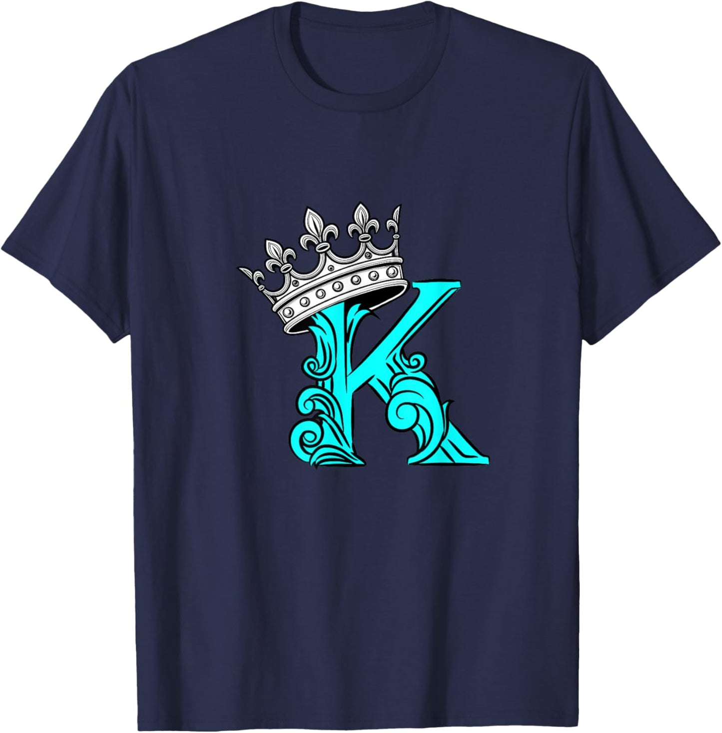 Turquoise Color Letter K Initial + Crown Turquoise Graphic T-Shirt - T-Shirt | Navy