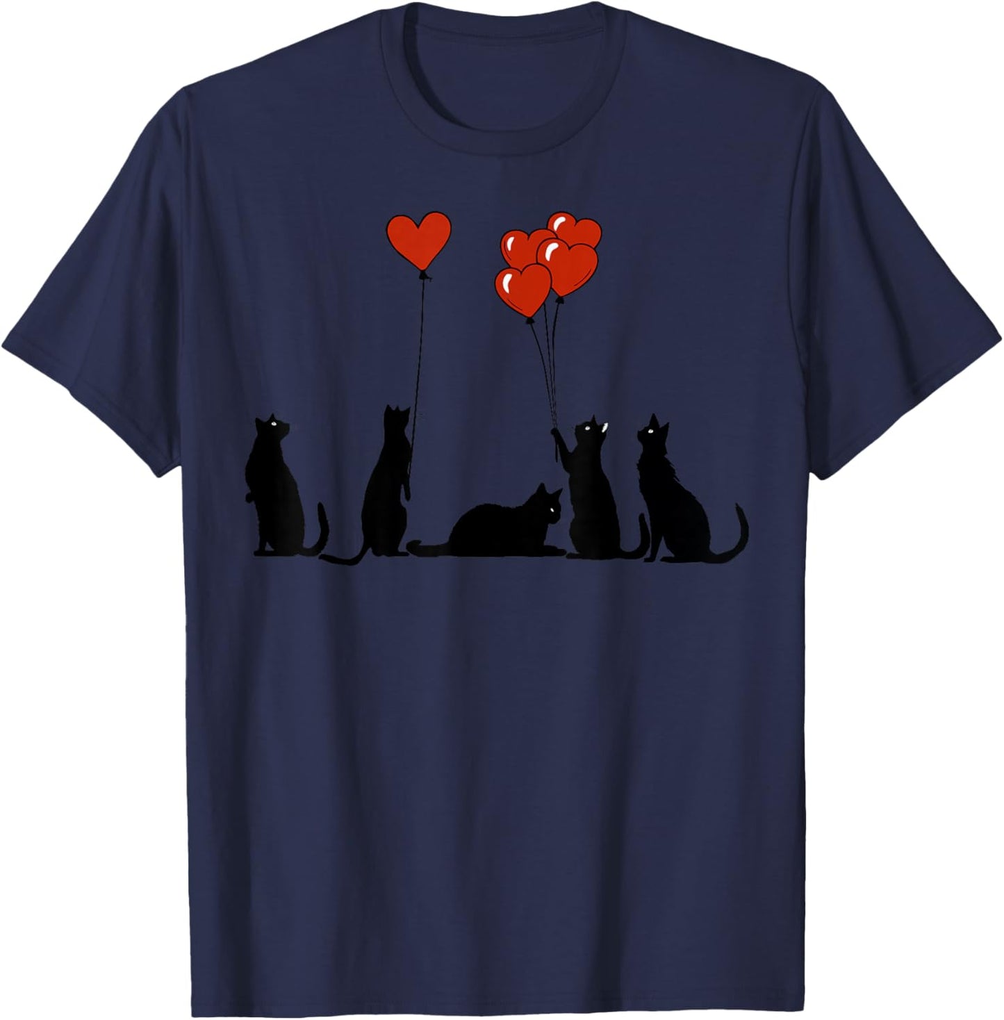 Funny Curious Black Cat Hearts Balloons Valentine's Lazy Cat T-Shirt - T-Shirt | Navy