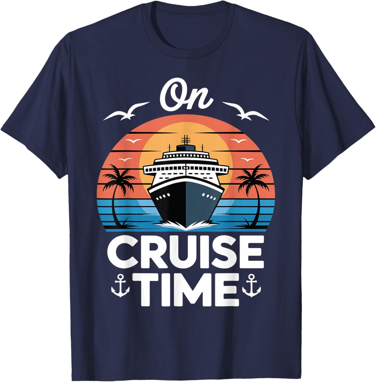 Retro Ocean Cruise Time Summer Travel Boat Sunset Beach Trip T-Shirt - T-Shirt | Navy