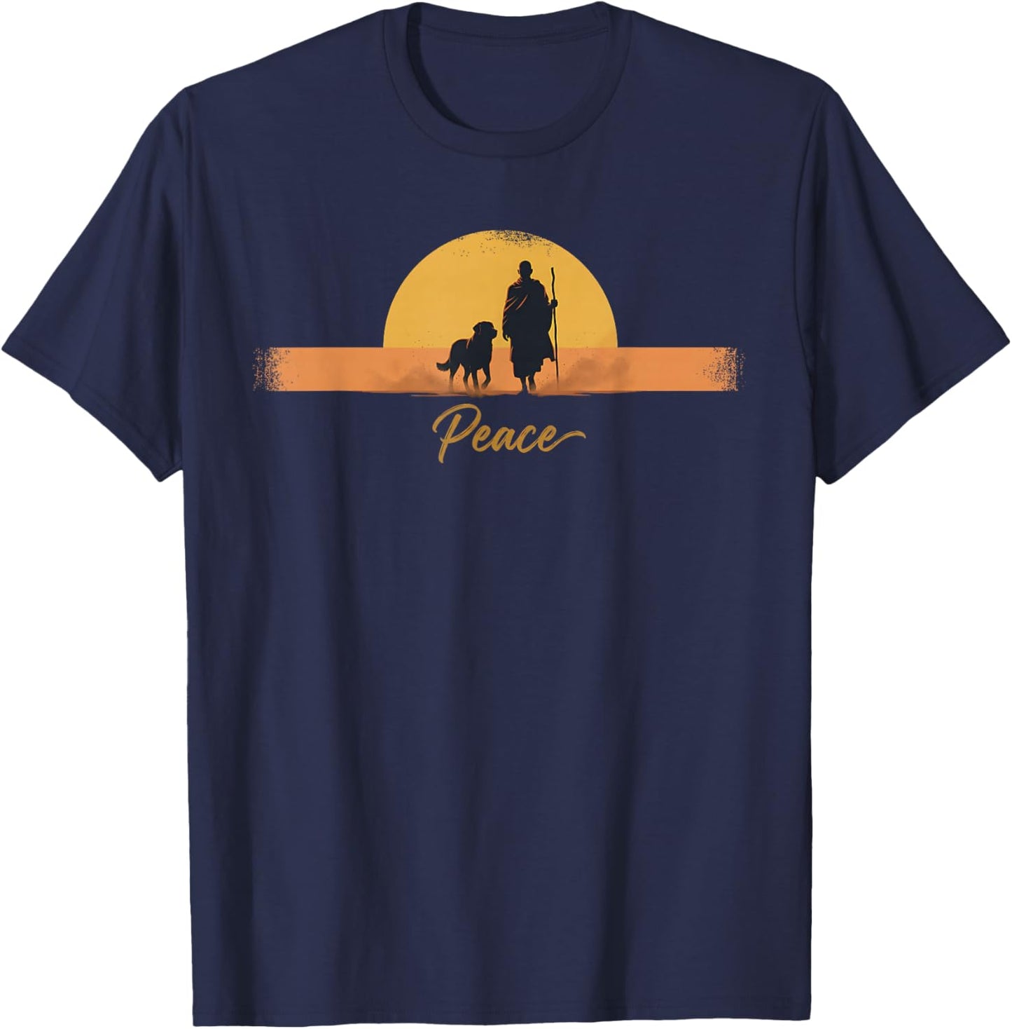 Peace Minimalist Zen Art Walk for Peace Monks with Aloka Dog T-Shirt - T-Shirt | Navy