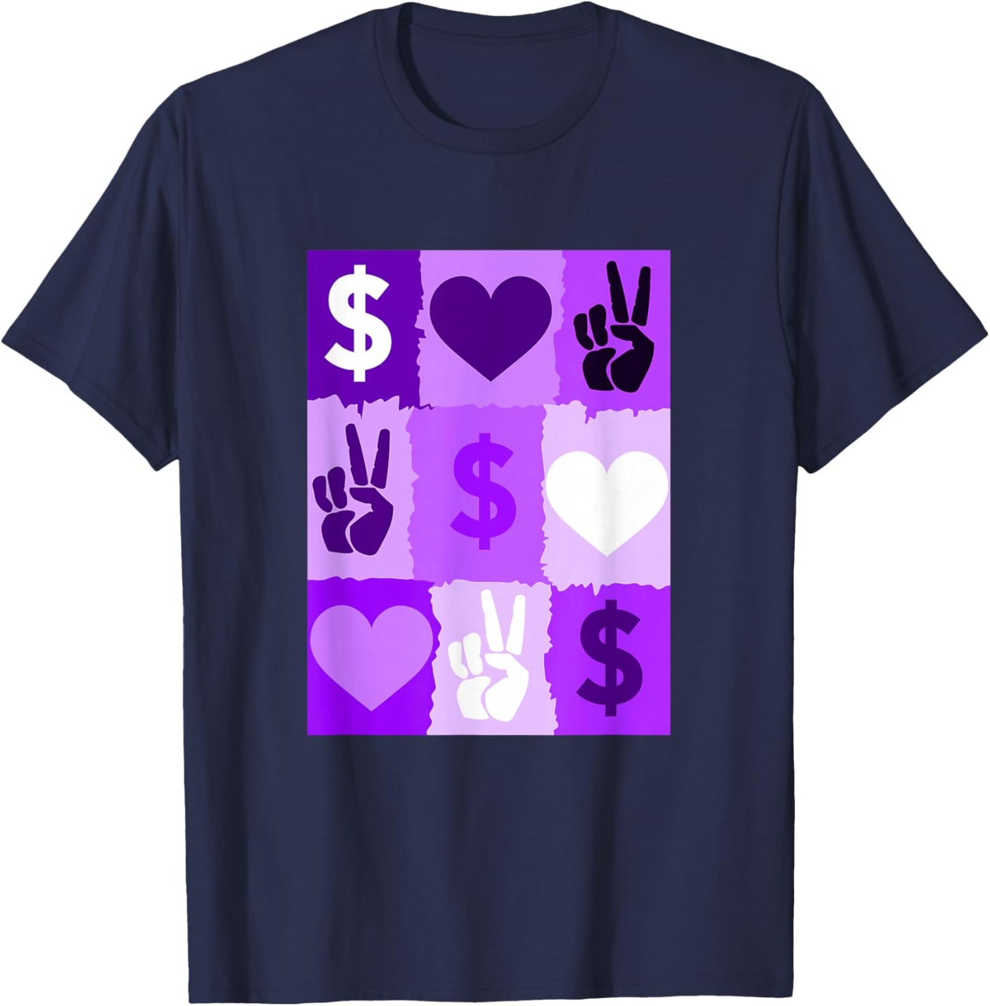 Purple Color Peace Love Money Grid Purple Graphic T-Shirt - T-Shirt | Navy