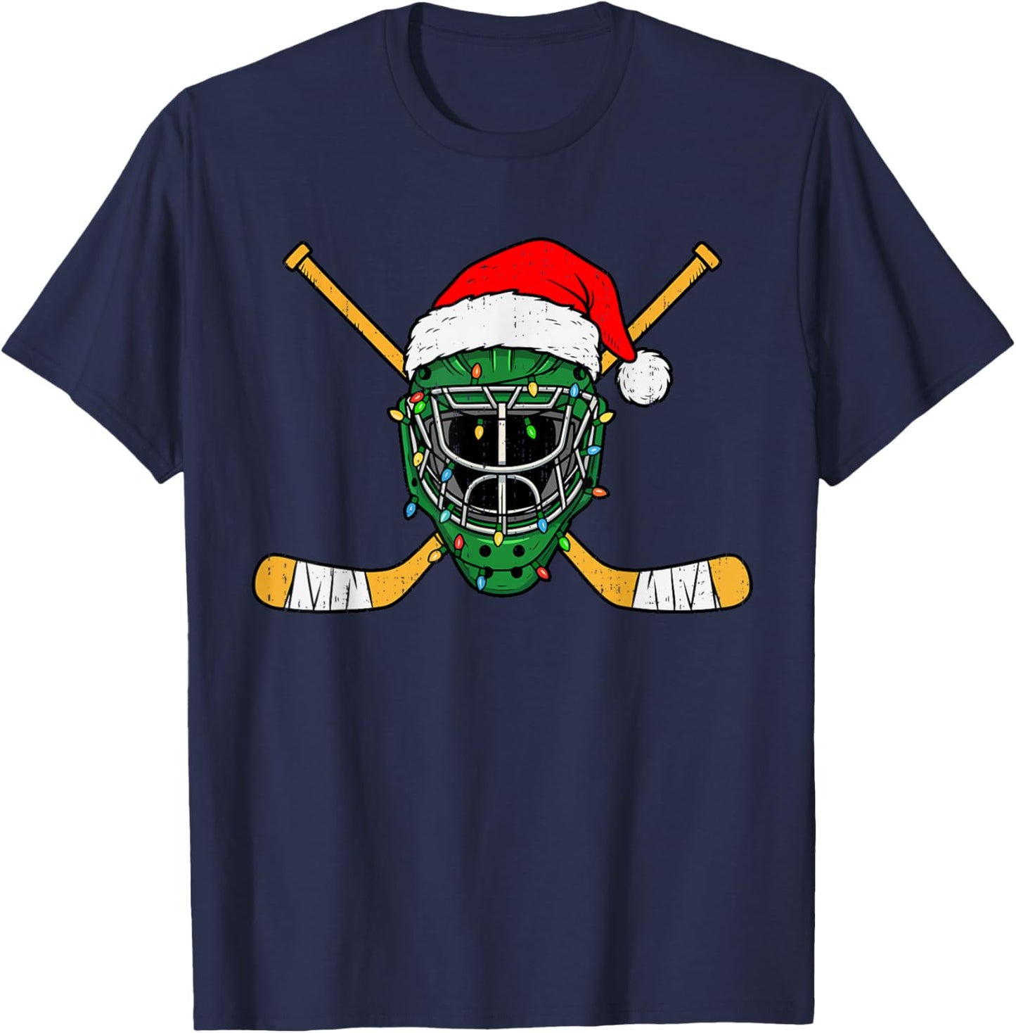 Christmas Hockey Helmet Lights Santa Xmas Men Teen Boys Kids T-Shirt - T-Shirt | Navy