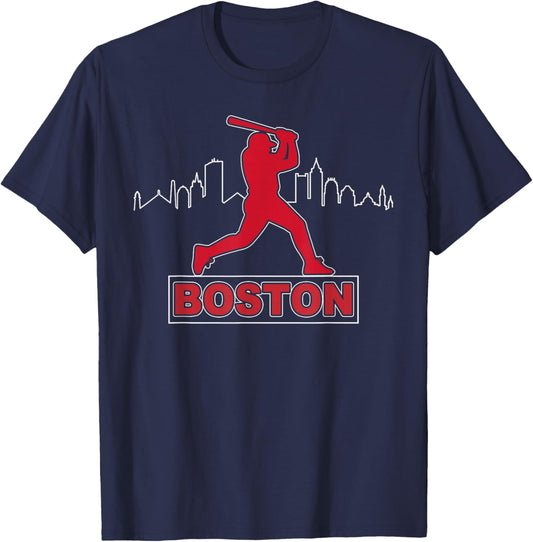 Boston Lovers Skyline Retro Baseball Heartbeat Men Women T-Shirt - T-Shirt | Navy