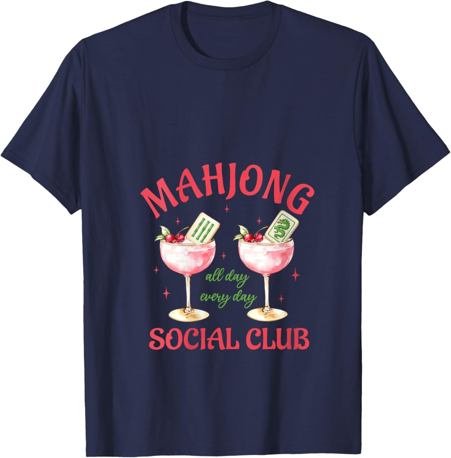 Women's Mahjong Social Club Aesthetic Pink Cocktails Mahjong Lover V-Neck T-Shirt - T-Shirt | Navy