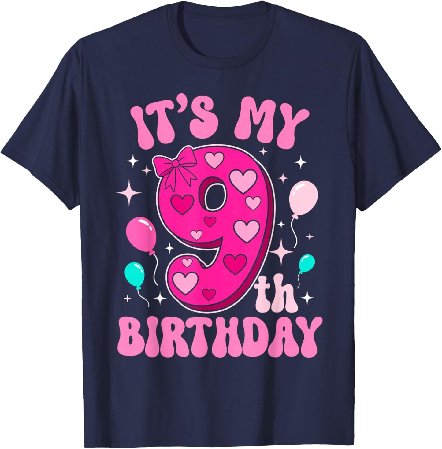 9 Year Old Pink Coquette Bow It's My 9th Birthday Girl T-Shirt - T-Shirt | Navy